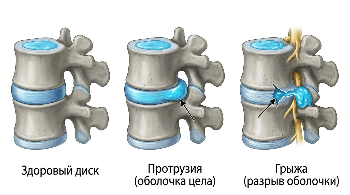 Сравнение здорового диска, диска с протрузией и с грыжей